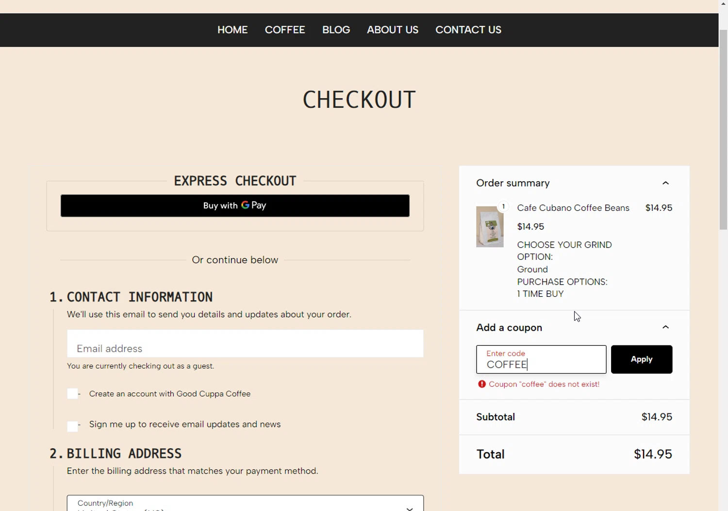 Good Cuppa Coffee promo code screenshot showing code COFFEE applied at Good Cuppa Coffee checkout page. Uploaded by SimplyCodes community member Doomslayer on Dec 27, 2024