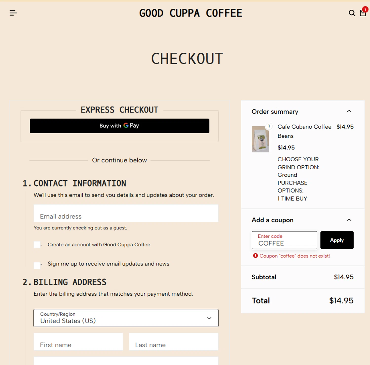 Good Cuppa Coffee promo code screenshot showing code COFFEE applied at Good Cuppa Coffee checkout page. Uploaded by SimplyCodes community member alejandroadrianza on Dec 27, 2024