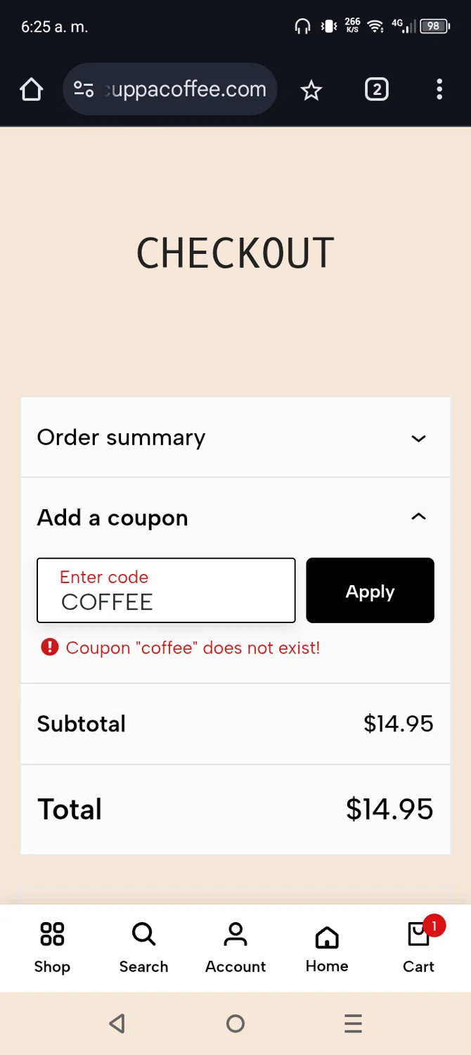 Good Cuppa Coffee promo code screenshot showing code COFFEE applied at Good Cuppa Coffee checkout page. Uploaded by SimplyCodes community member NobleScholar4826 on Dec 27, 2024