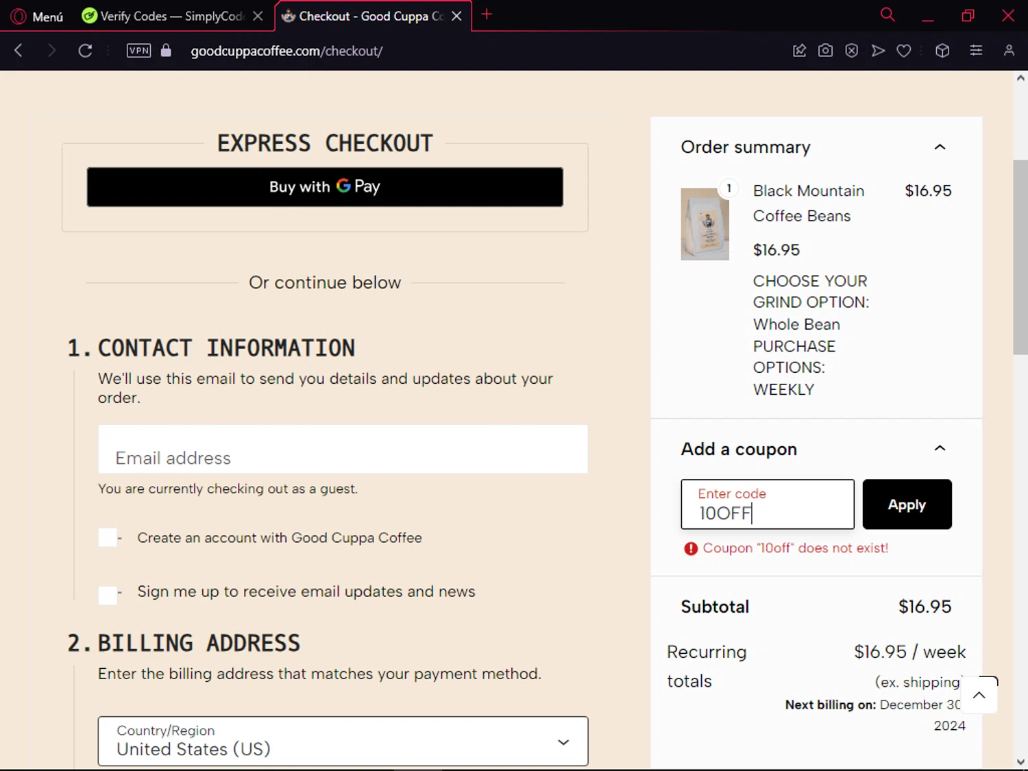 Good Cuppa Coffee promo code screenshot showing code 10OFF applied at Good Cuppa Coffee checkout page. Uploaded by SimplyCodes community member NobleCollector3799 on Dec 27, 2024
