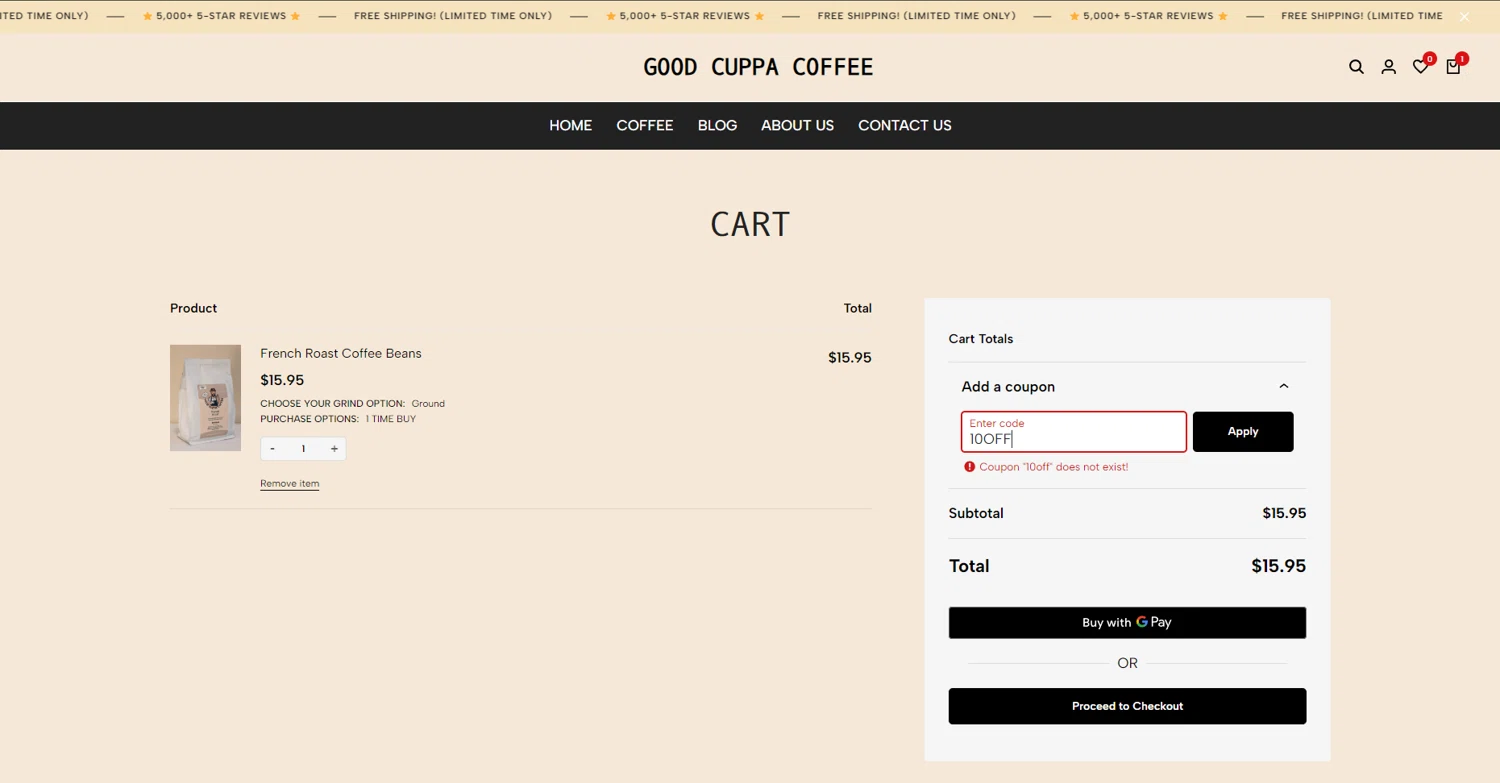 Good Cuppa Coffee promo code screenshot showing code 10OFF applied at Good Cuppa Coffee checkout page. Uploaded by SimplyCodes community member VoucherLynx1047 on Dec 27, 2024