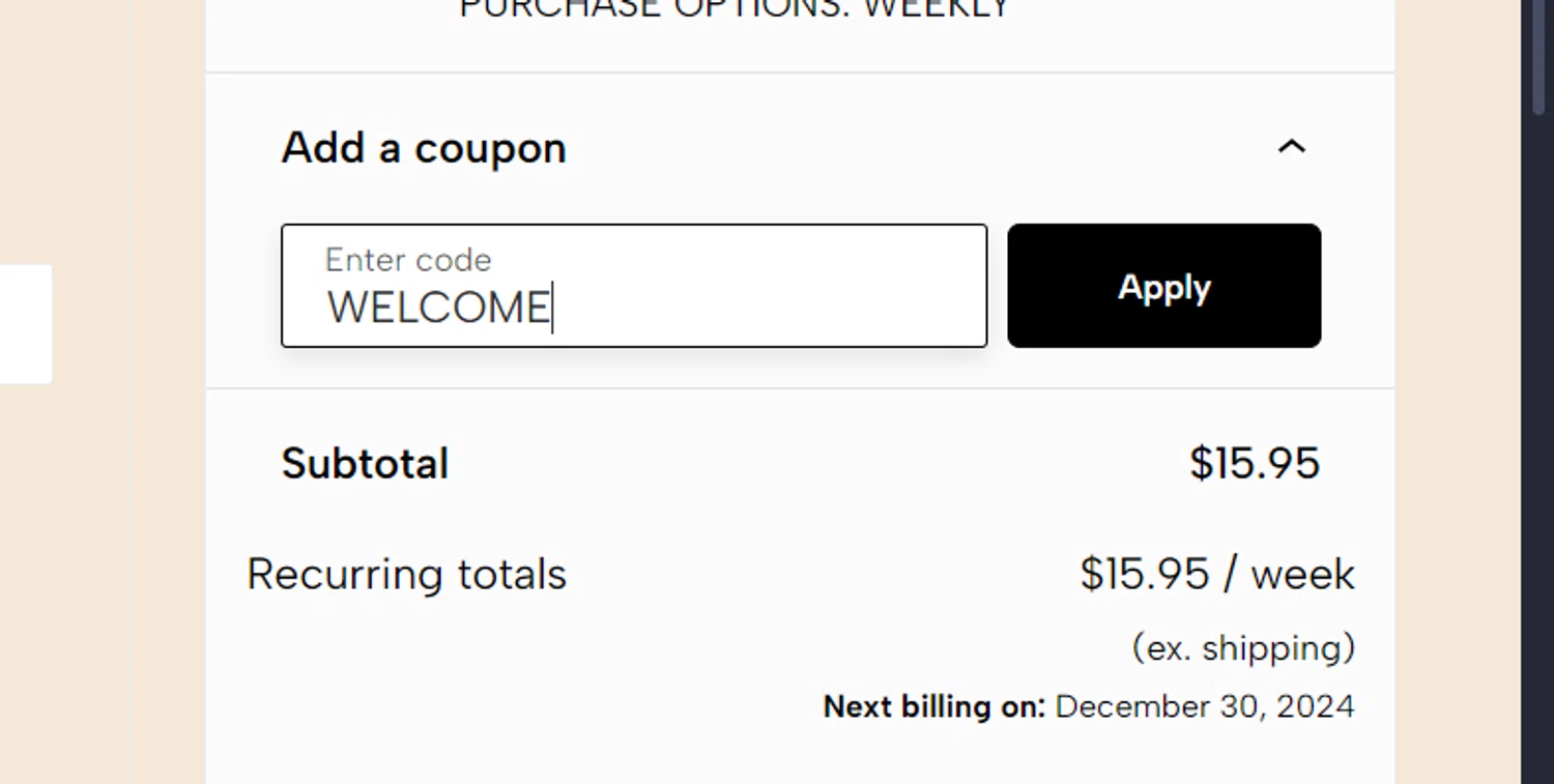 Good Cuppa Coffee promo code screenshot showing code WELCOME applied at Good Cuppa Coffee checkout page. Uploaded by SimplyCodes community member PromoPioneer5927 on Dec 27, 2024