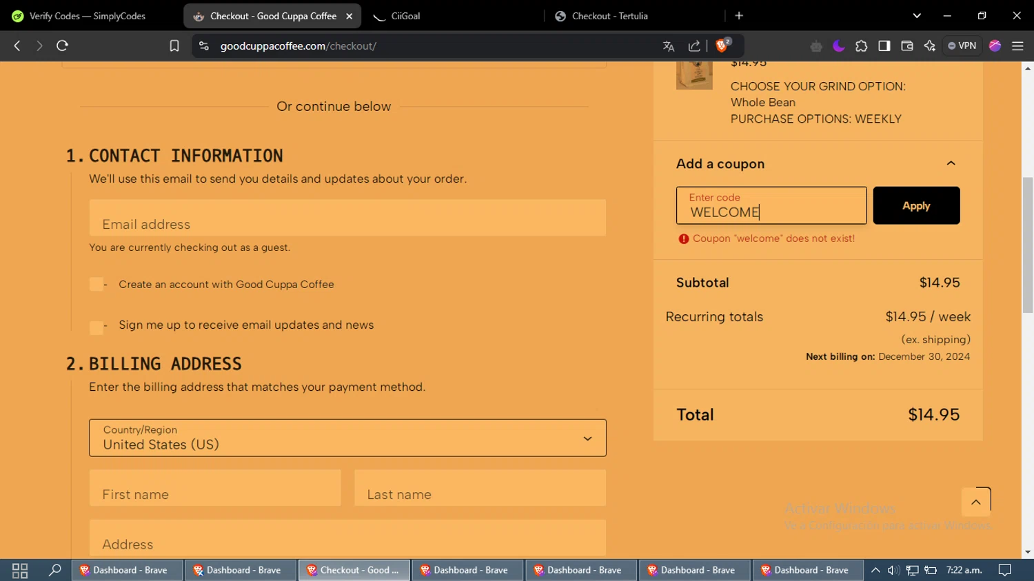 Good Cuppa Coffee promo code screenshot showing code WELCOME applied at Good Cuppa Coffee checkout page. Uploaded by SimplyCodes community member NobleMonarch9875 on Dec 27, 2024