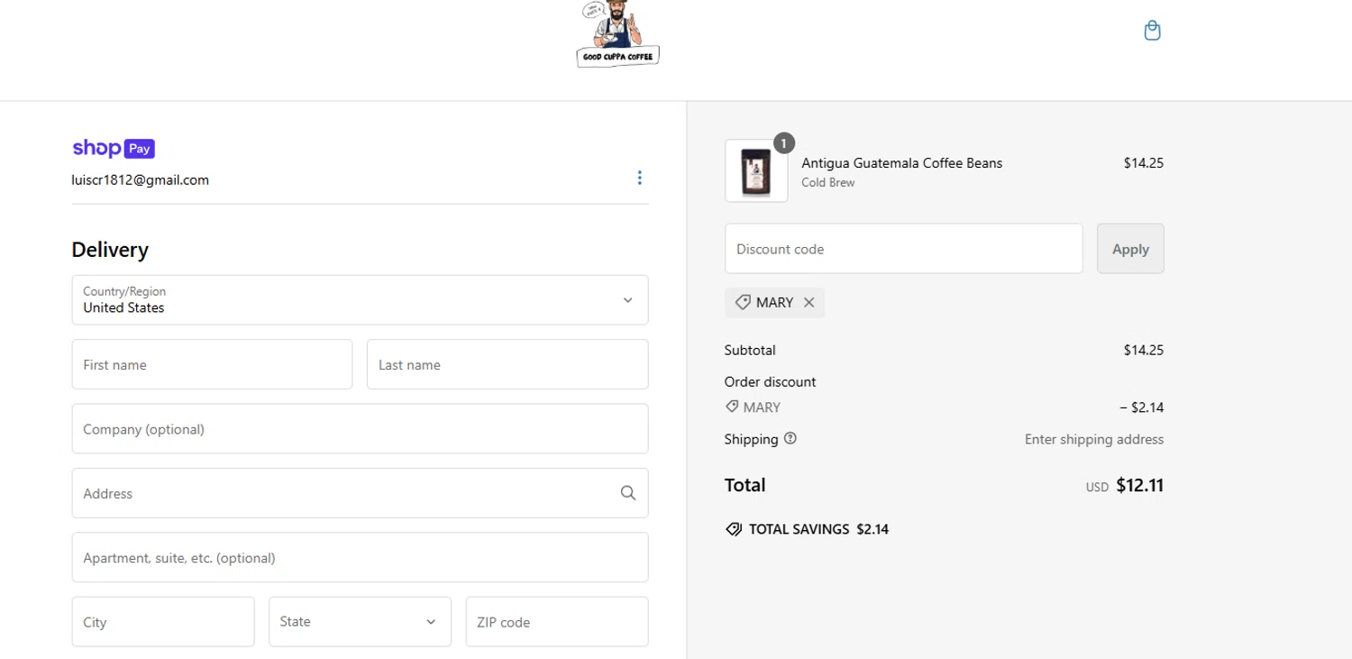 Good Cuppa Coffee checkout page showing Good Cuppa Coffee promo code box | Screenshot taken by SimplyCodes community member on Dec 1, 2024