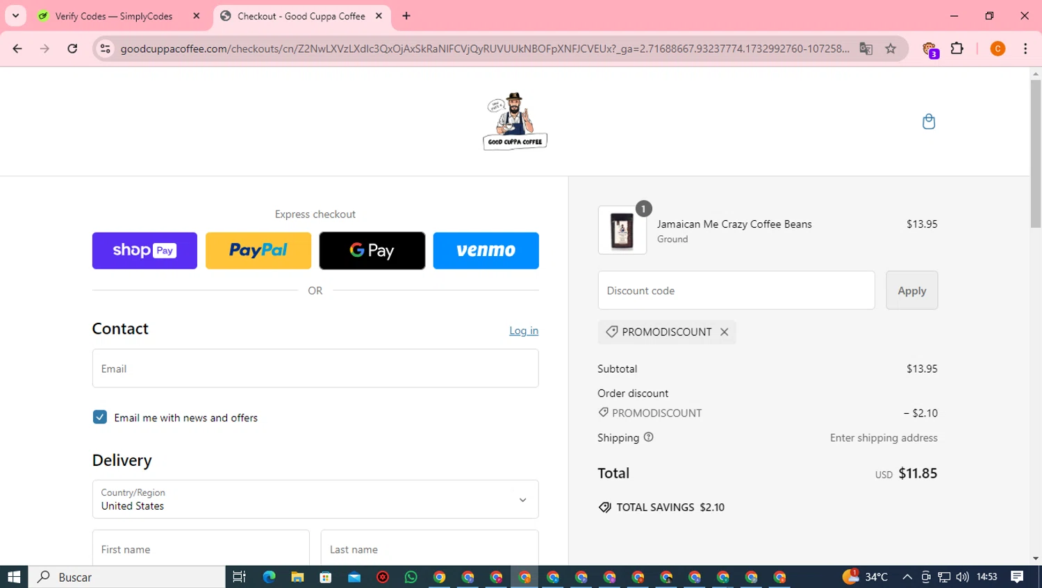 Good Cuppa Coffee checkout page showing Good Cuppa Coffee promo code box | Screenshot taken by SimplyCodes community member on Nov 30, 2024