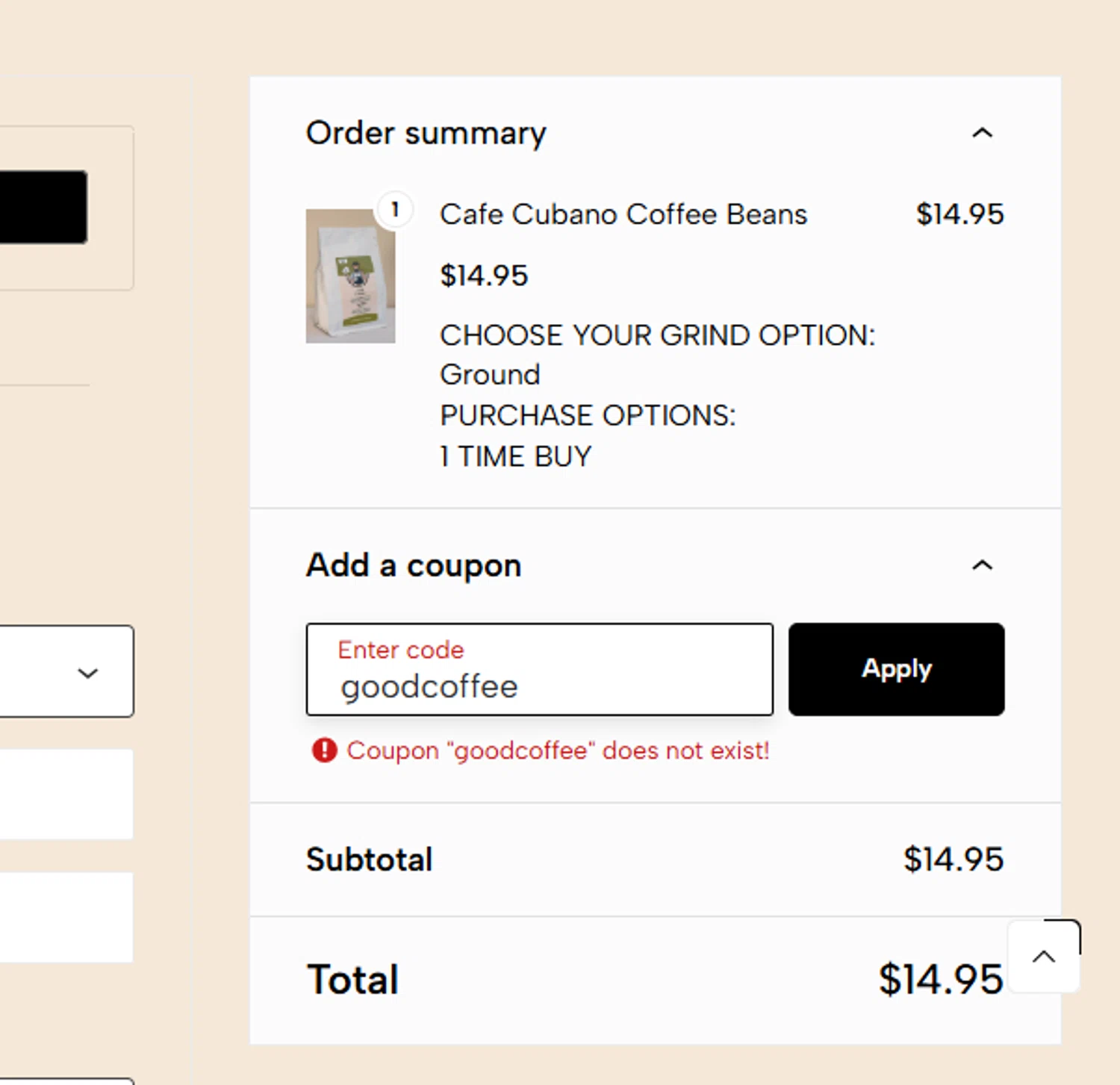 Good Cuppa Coffee checkout page showing Good Cuppa Coffee promo code box | Screenshot taken by SimplyCodes community member on Jan 27, 2025