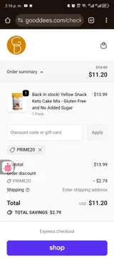 PRIME20 coupon verification screenshot