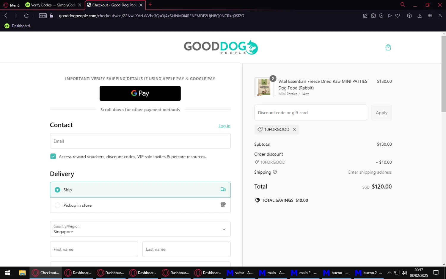 Good Dog People discount code screenshot showing code 10FORGOOD applied at Good Dog People checkout page. Uploaded by SimplyCodes community member LuckyVirtuoso1831 on Feb 9, 2025