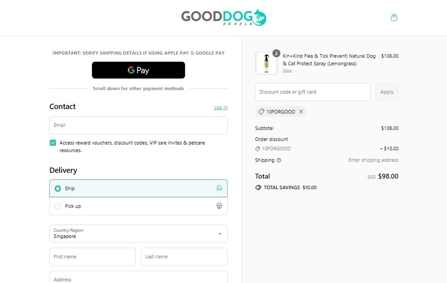 Good Dog People discount code screenshot showing code 10FORGOOD applied at Good Dog People checkout page. Uploaded by SimplyCodes community member ScanMaestro644 on Jul 26, 2025
