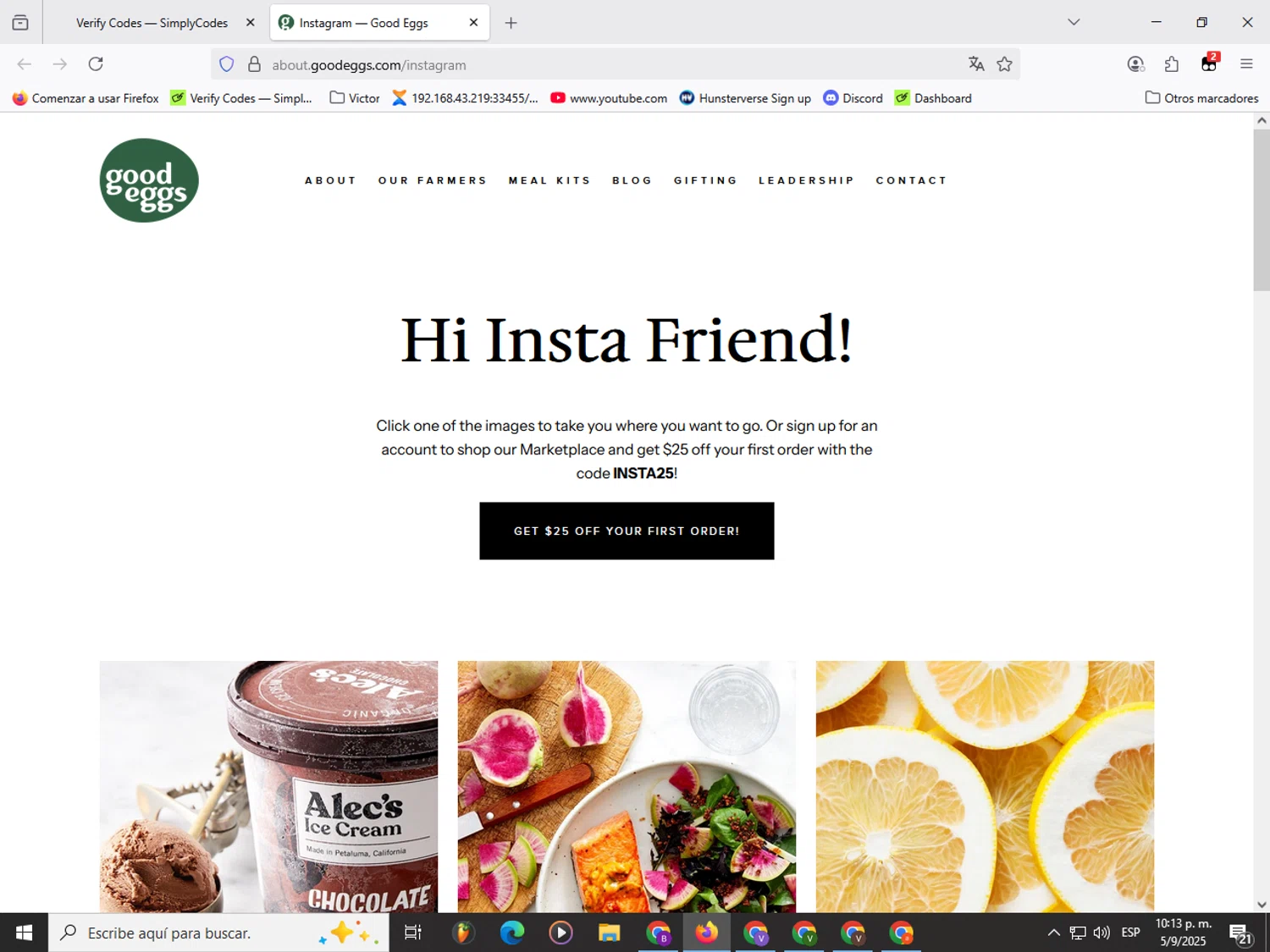 Good Eggs promo code screenshot showing code INSTA25 applied at Good Eggs checkout page. Uploaded by SimplyCodes community member Garou_Y2K on Sep 6, 2025