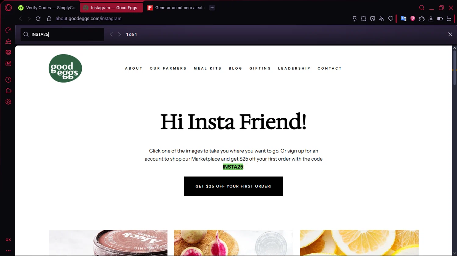 Good Eggs promo code screenshot showing code INSTA25 applied at Good Eggs checkout page. Uploaded by SimplyCodes community member RewardLion134 on Oct 19, 2025