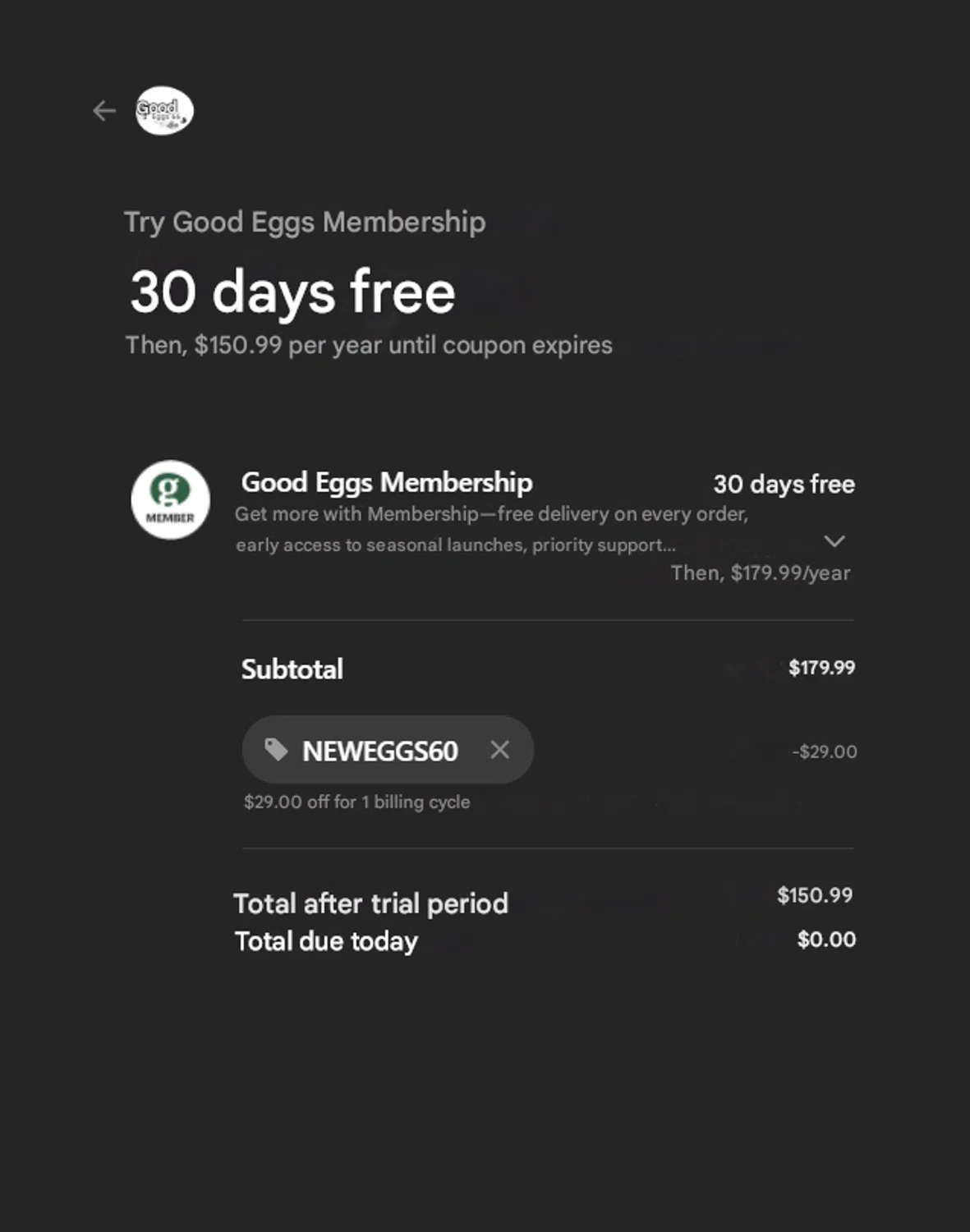 Good Eggs promo code screenshot showing code NEWEGGS60 applied at Good Eggs checkout page. Uploaded by SimplyCodes community member Gray_75 on Oct 12, 2025