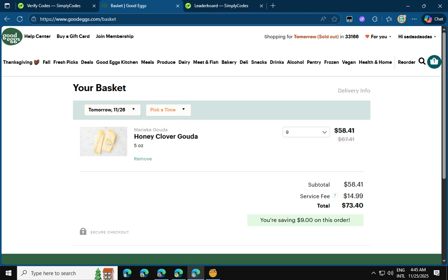Good Eggs promo code screenshot showing code FREEPIE25 applied at Good Eggs checkout page. Uploaded by SimplyCodes community member jvllsk3 on Nov 25, 2025