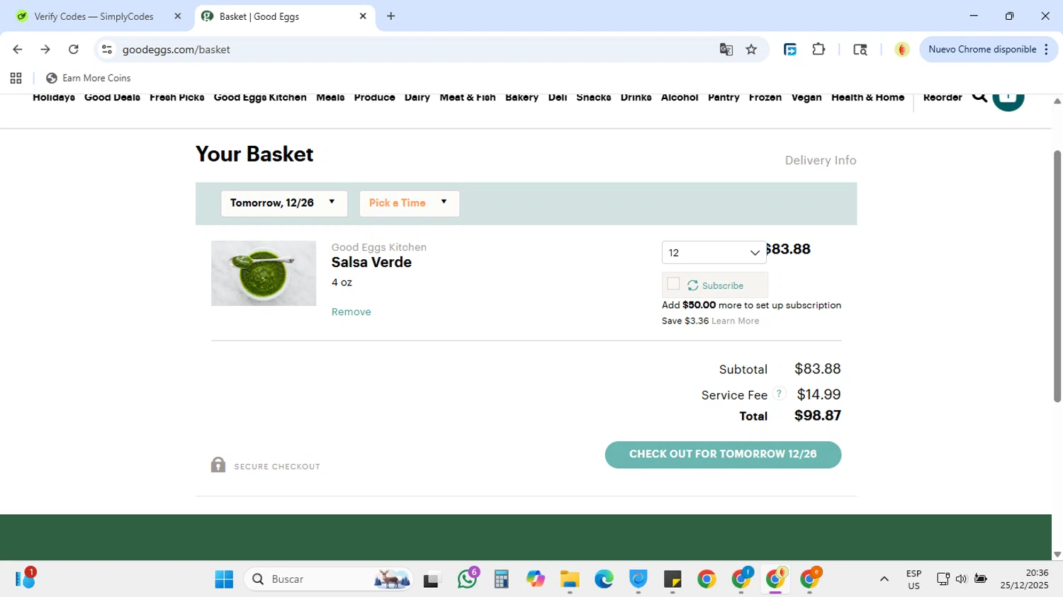 Good Eggs promo code screenshot showing code NYE20 applied at Good Eggs checkout page. Uploaded by SimplyCodes community member DiscountCollector3543 on Dec 26, 2025