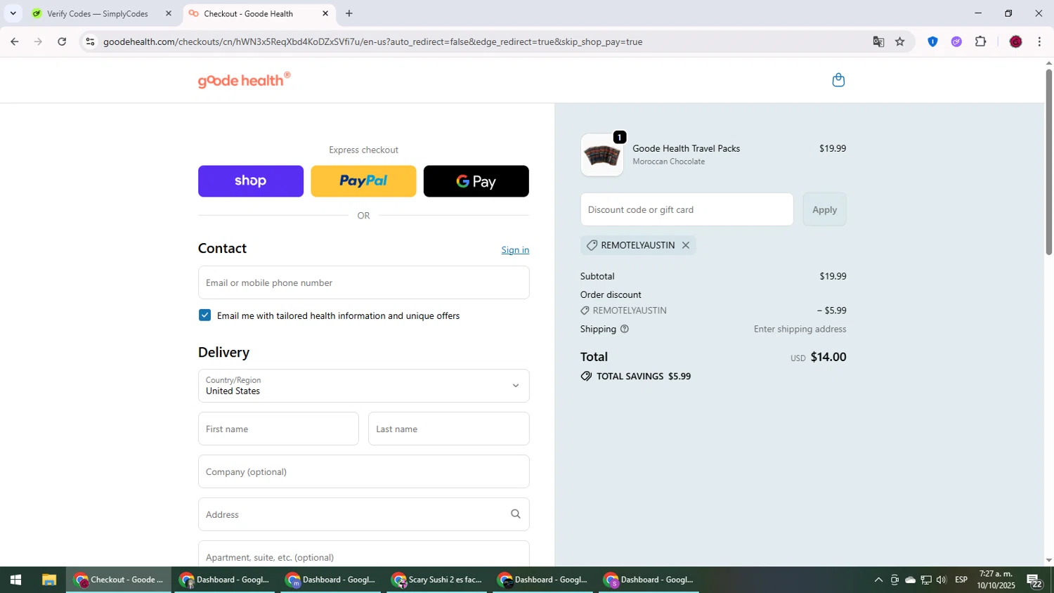 Goode Health promo code screenshot showing code REMOTELYAUSTIN applied at Goode Health checkout page. Uploaded by SimplyCodes community member MightyLegend6657 on Oct 10, 2025