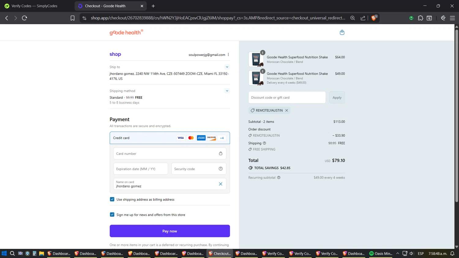 Goode Health promo code screenshot showing code REMOTELYAUSTIN applied at Goode Health checkout page. Uploaded by SimplyCodes community member Shizuku on Sep 3, 2025