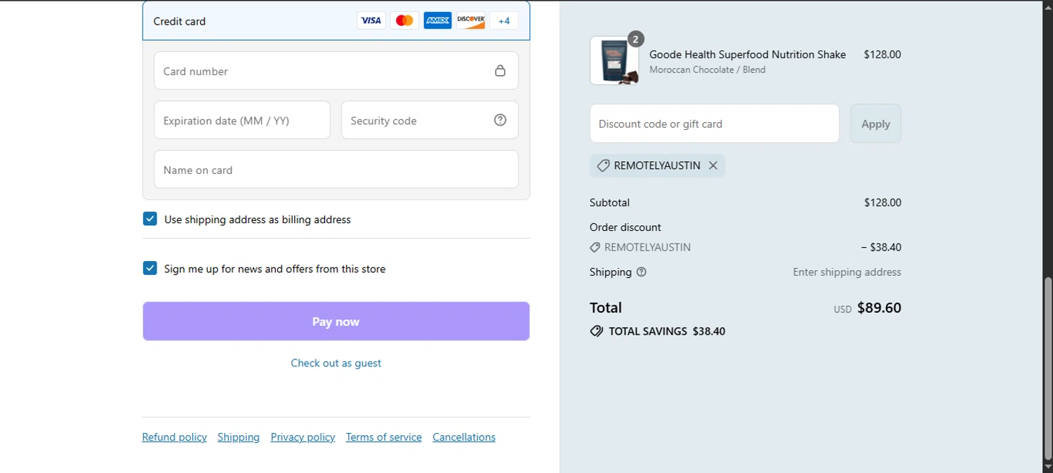 Goode Health promo code screenshot showing code REMOTELYAUSTIN applied at Goode Health checkout page. Uploaded by SimplyCodes community member noworries on Sep 7, 2025
