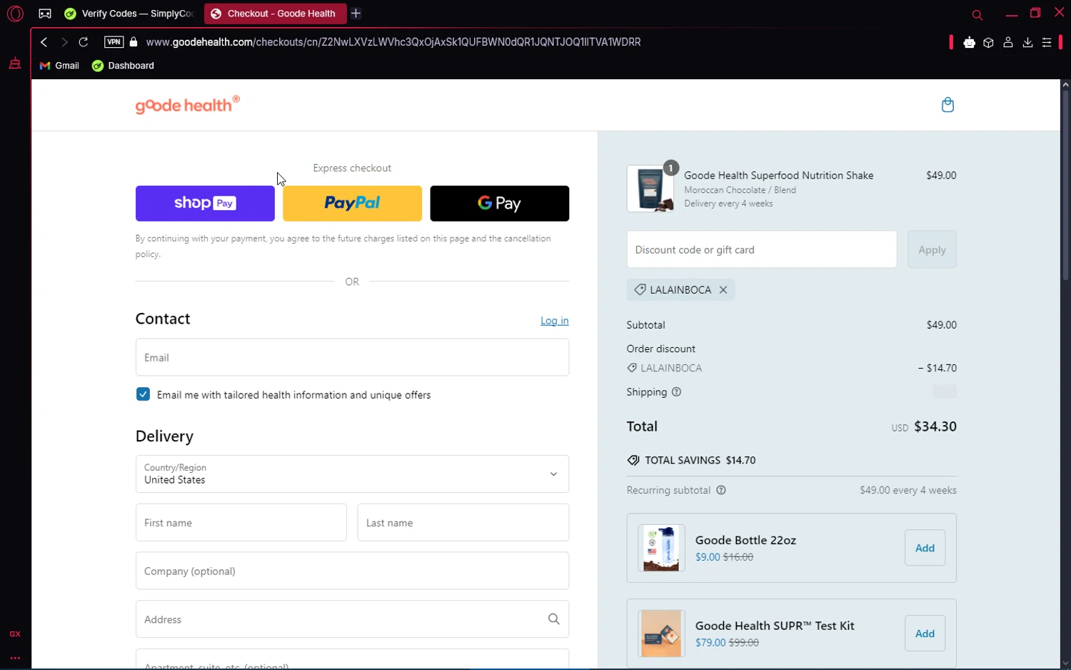 Goode Health promo code screenshot showing code LALAINBOCA applied at Goode Health checkout page. Uploaded by SimplyCodes community member VoucherAce8469 on Feb 22, 2025