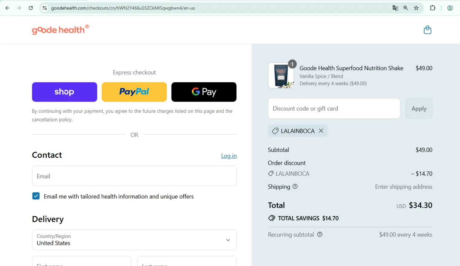 Goode Health promo code screenshot showing code LALAINBOCA applied at Goode Health checkout page. Uploaded by SimplyCodes community member richard007 on Sep 7, 2025