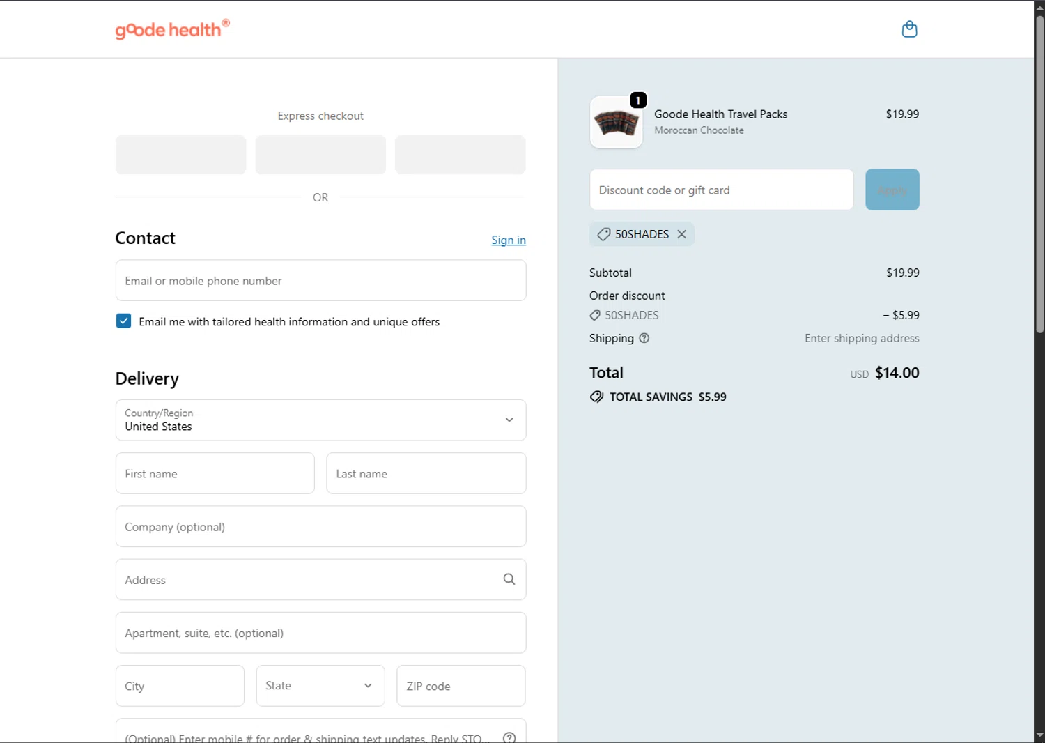 Goode Health promo code screenshot showing code 50shades applied at Goode Health checkout page. Uploaded by SimplyCodes community member BargainSaver8204 on Nov 14, 2025