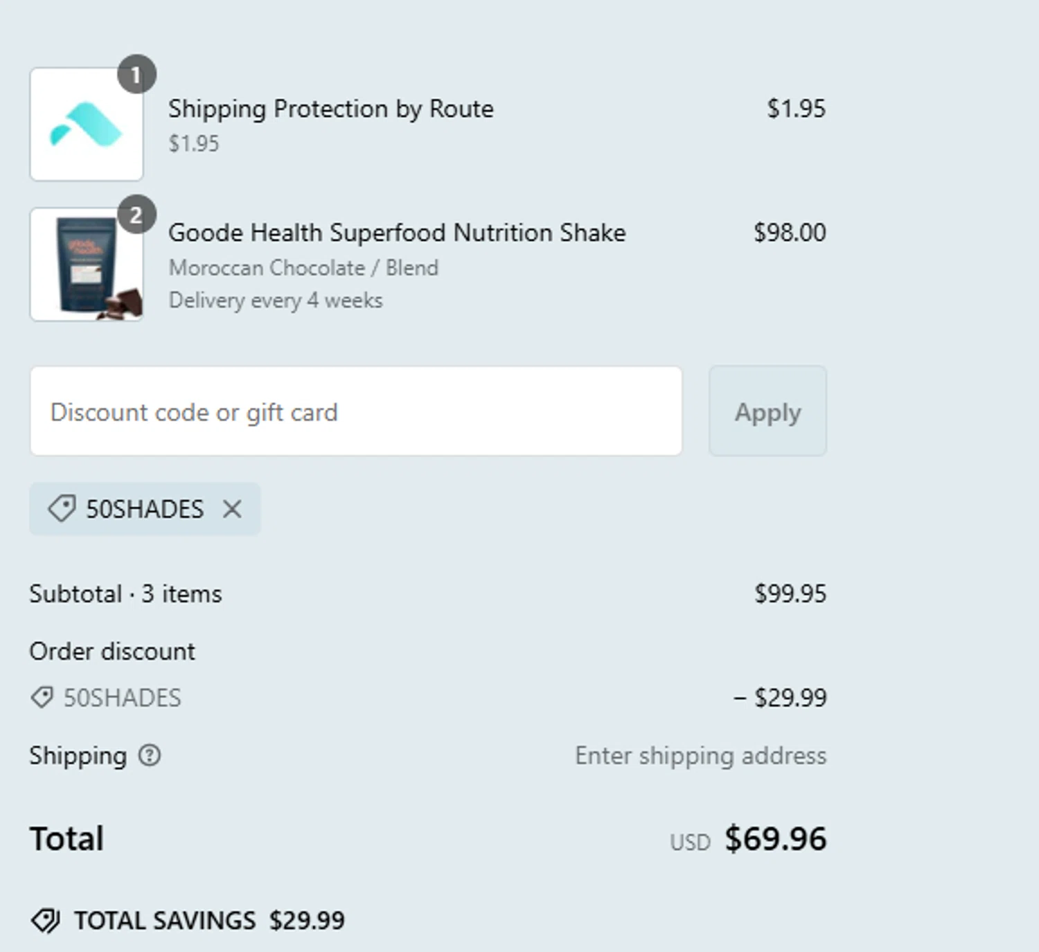 Goode Health promo code screenshot showing code 50shades applied at Goode Health checkout page. Uploaded by SimplyCodes community member steve_jeff on Feb 22, 2025
