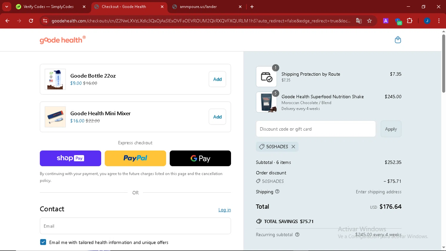 Goode Health promo code screenshot showing code 50shades applied at Goode Health checkout page. Uploaded by SimplyCodes community member thegordobaby on Mar 23, 2025
