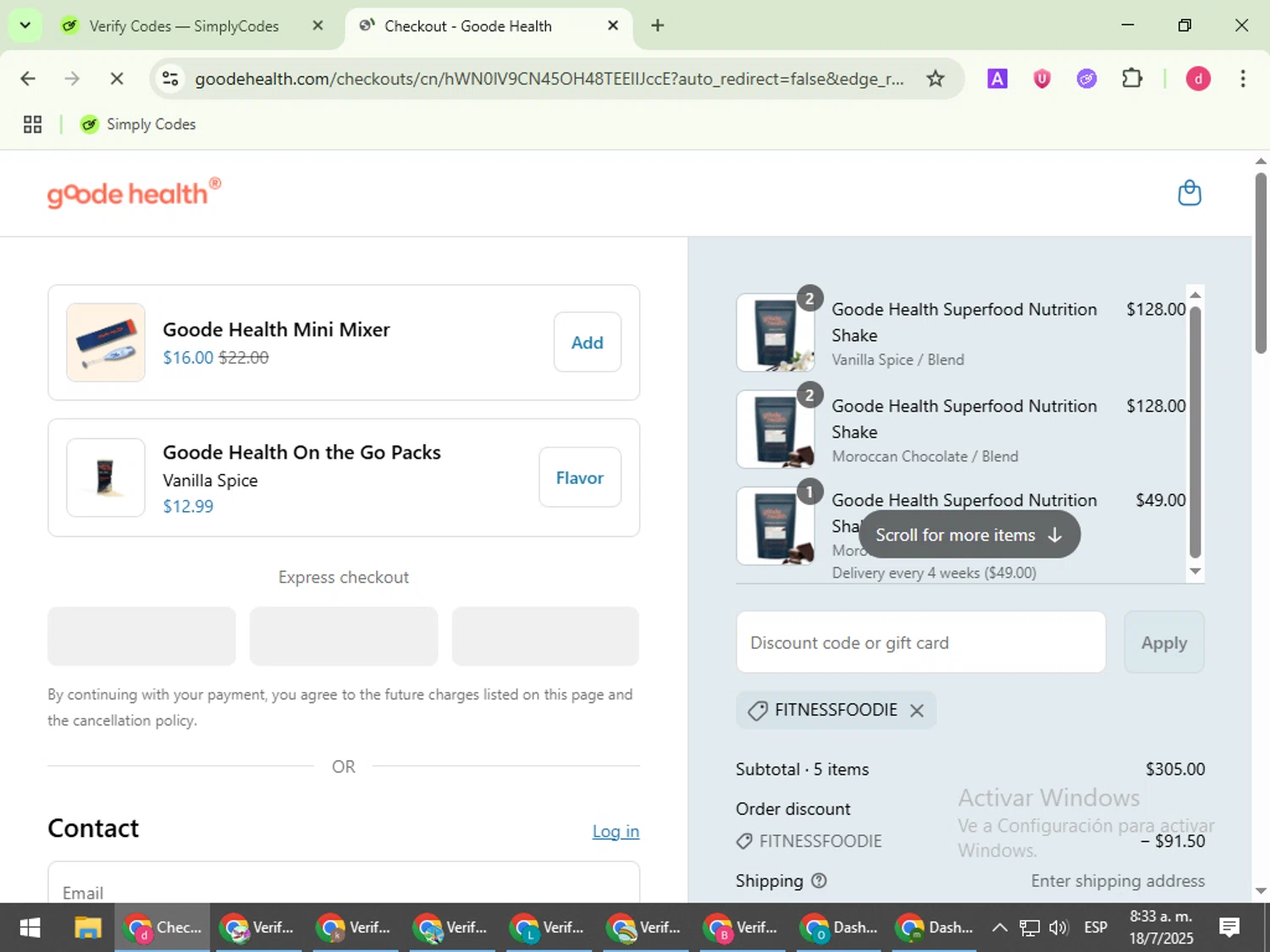 Goode Health promo code screenshot showing code FITNESSFOODIE applied at Goode Health checkout page. Uploaded by SimplyCodes community member BudgetVoyager5452 on Jul 18, 2025