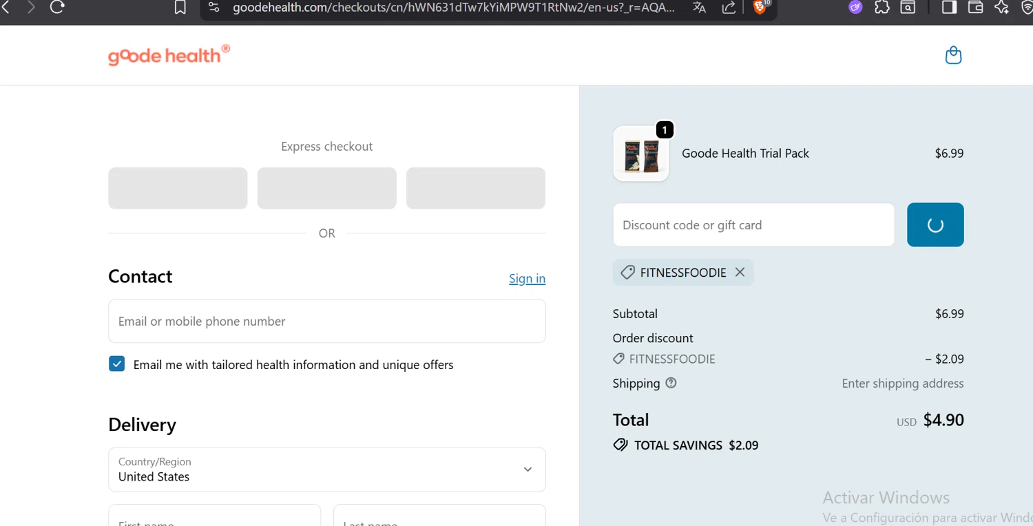 Goode Health promo code screenshot showing code FITNESSFOODIE applied at Goode Health checkout page. Uploaded by SimplyCodes community member CoinOwl5103 on Dec 4, 2025