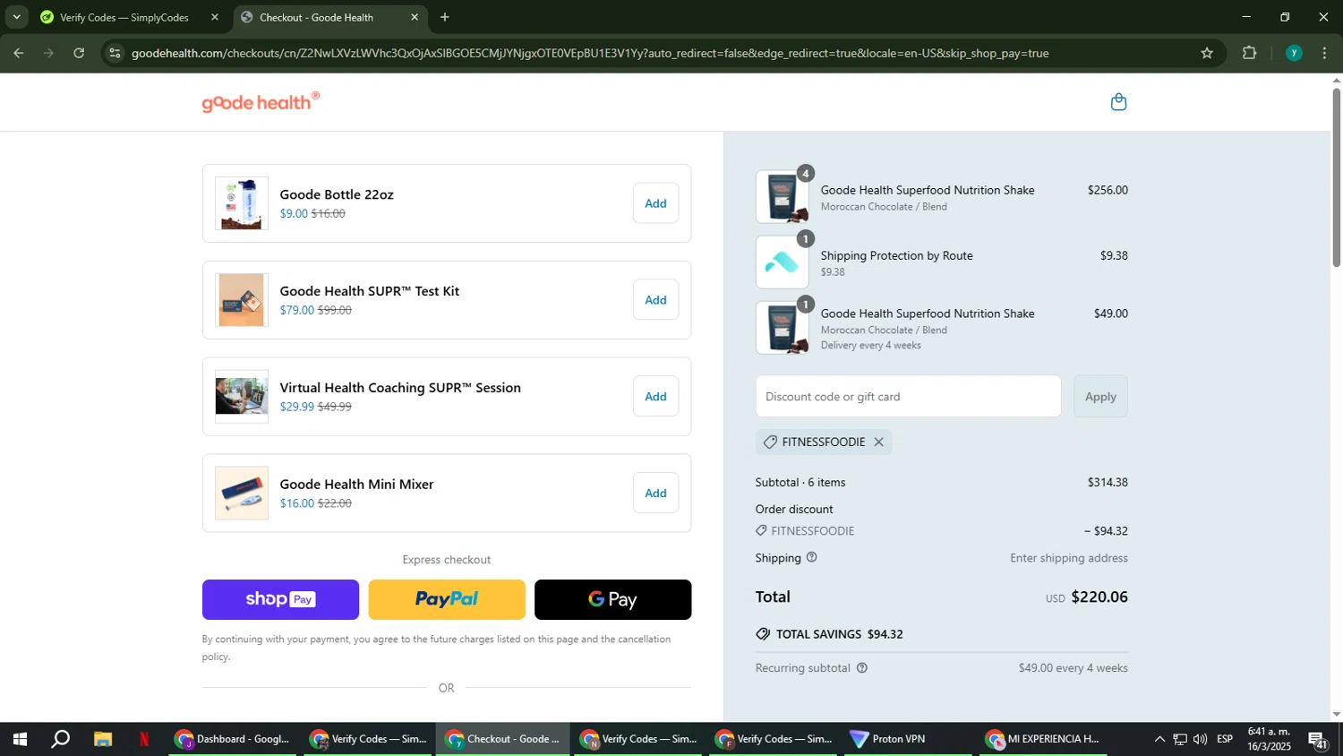 Goode Health promo code screenshot showing code FITNESSFOODIE applied at Goode Health checkout page. Uploaded by SimplyCodes community member FrugalCaptain6906 on Mar 16, 2025