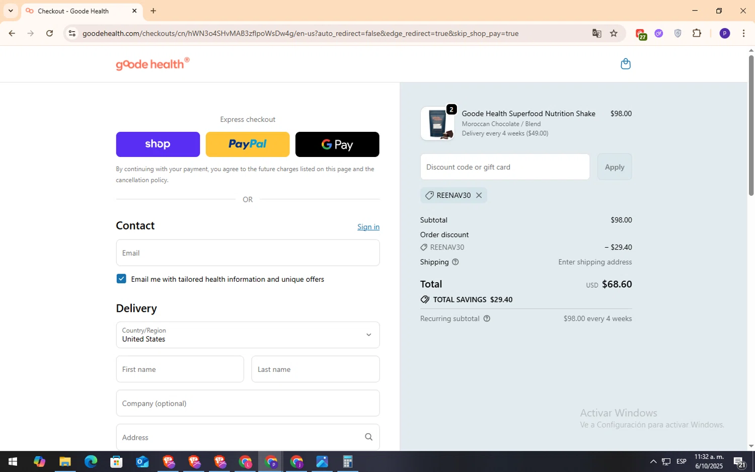 Goode Health promo code screenshot showing code REENAV30 applied at Goode Health checkout page. Uploaded by SimplyCodes community member NobleFox9153 on Oct 6, 2025