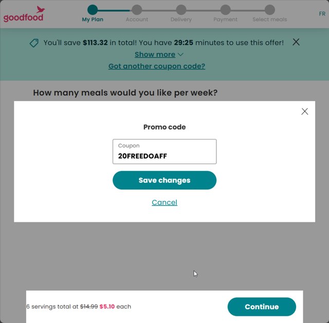 Goodfood checkout page showing Goodfood promo code box | Screenshot taken by SimplyCodes community member on May 8, 2025