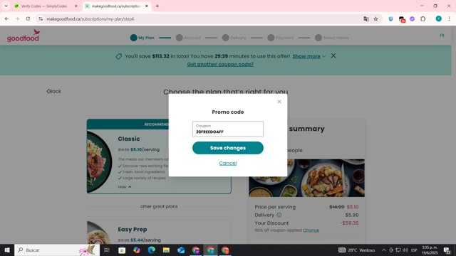 Goodfood checkout page showing Goodfood promo code box | Screenshot taken by SimplyCodes community member on Jun 19, 2025