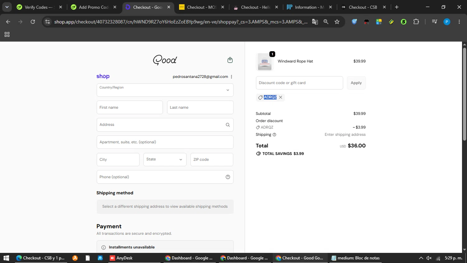 Good Good Golf promo code screenshot showing code ADRQZ applied at Good Good Golf checkout page. Uploaded by SimplyCodes community member MAVESA on Jun 15, 2026