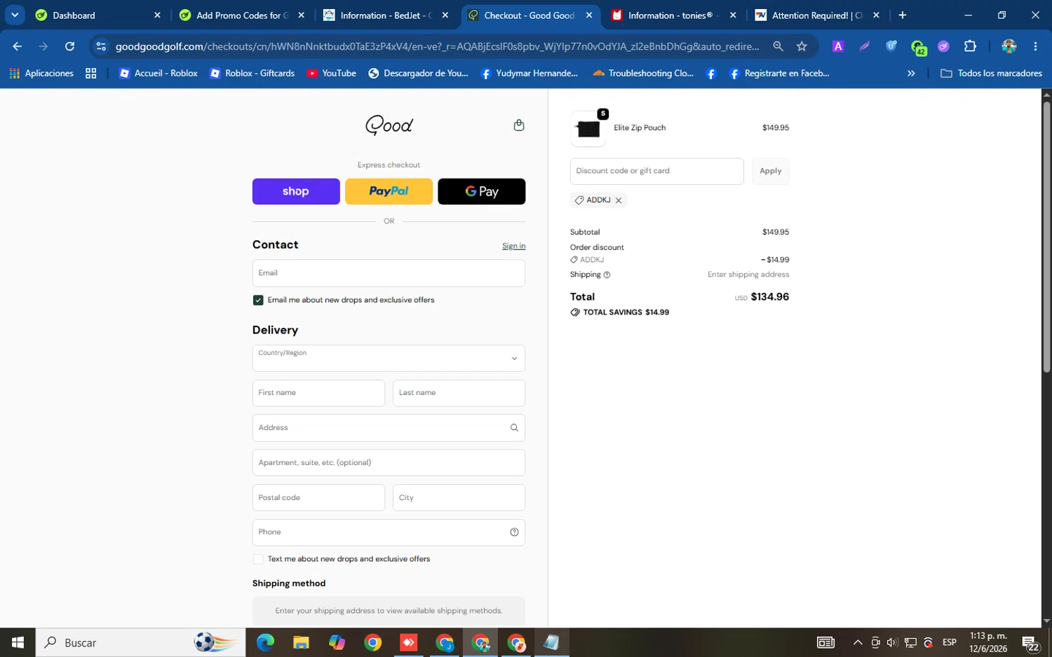 Good Good Golf promo code screenshot showing code addkj applied at Good Good Golf checkout page. Uploaded by SimplyCodes community member helicoide on Jun 12, 2026