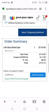 HOPE10 coupon verification screenshot