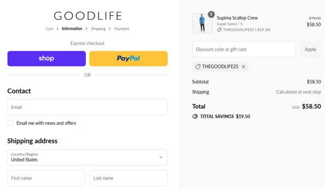 Goodlife Clothing checkout page showing Goodlife Clothing discount code box | Screenshot taken by SimplyCodes community member on Sep 11, 2025