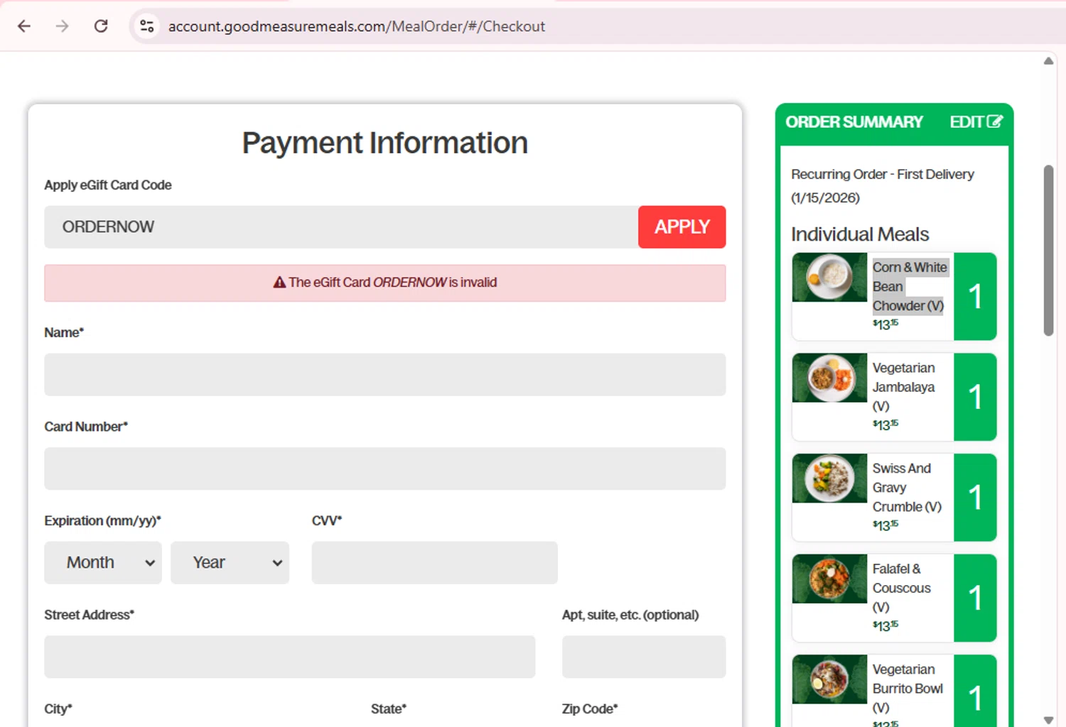 Good Measure Meals promo code screenshot showing code ORDERNOW applied at Good Measure Meals checkout page. Uploaded by SimplyCodes community member PromoExpert5262 on Jan 10, 2026