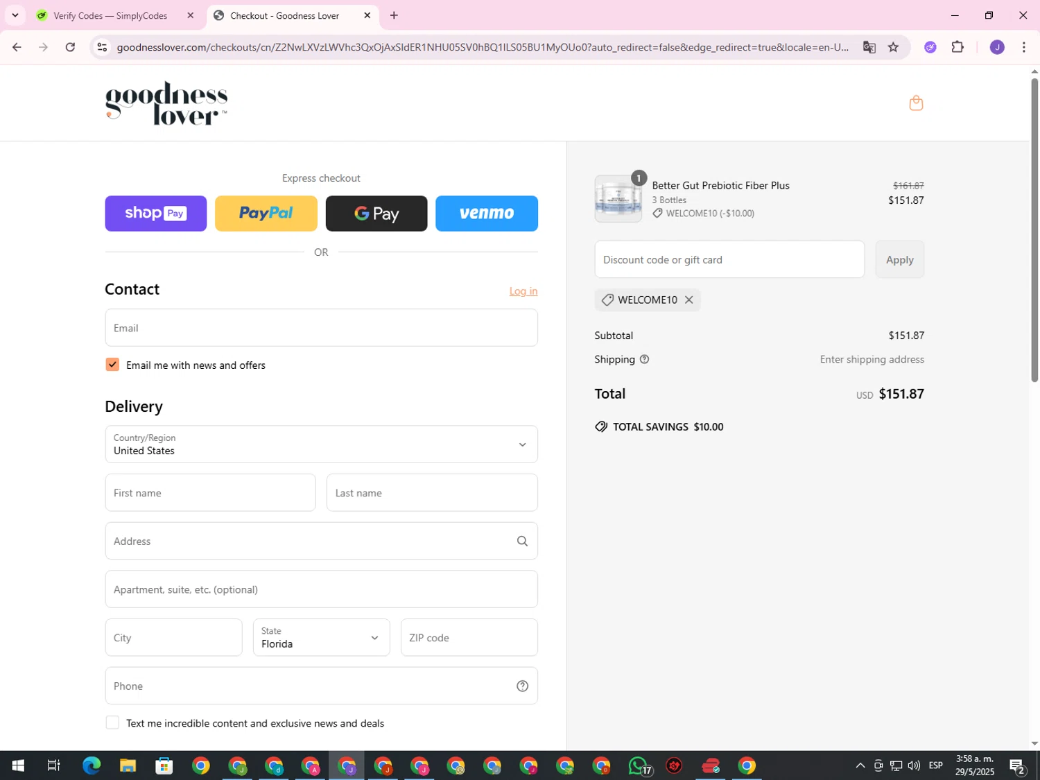 Goodness Lover coupon code screenshot showing code WELCOME10 applied at Goodness Lover checkout page. Uploaded by SimplyCodes community member ValueHero2277 on May 29, 2025