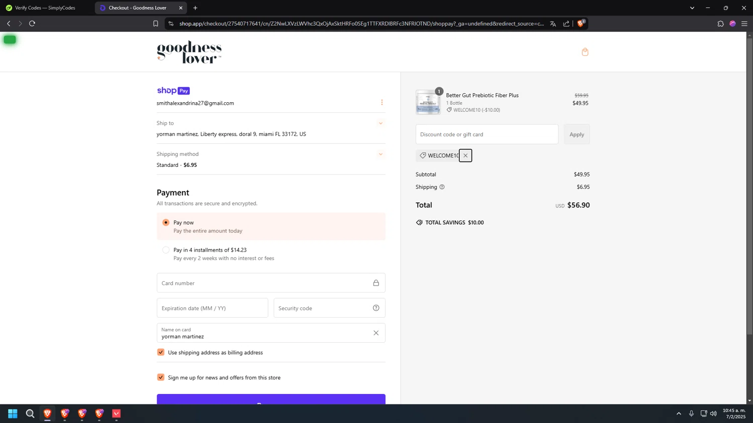 Goodness Lover coupon code screenshot showing code WELCOME10 applied at Goodness Lover checkout page. Uploaded by SimplyCodes community member INSECTOS on Feb 7, 2025