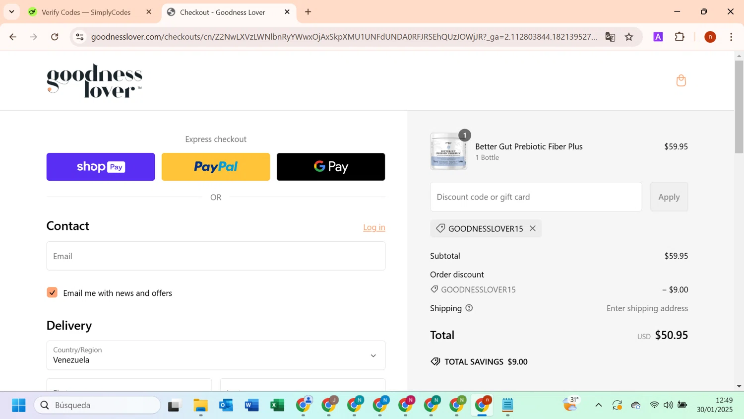 Goodness Lover coupon code screenshot showing code GOODNESSLOVER15 applied at Goodness Lover checkout page. Uploaded by SimplyCodes community member SavvyMonarch2205 on Jan 30, 2025