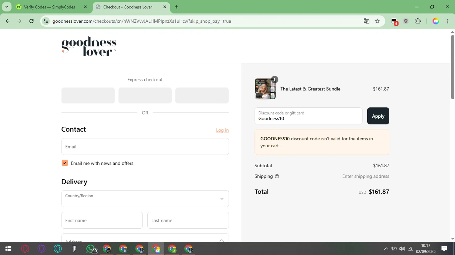 Goodness Lover coupon code screenshot showing code Goodness10 applied at Goodness Lover checkout page. Uploaded by SimplyCodes community member ArizaJesus on Sep 2, 2025