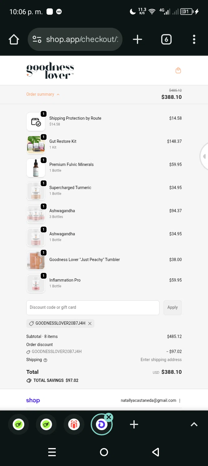 Goodness Lover coupon code screenshot showing code GOODNESSLOVER20B7J4H applied at Goodness Lover checkout page. Uploaded by SimplyCodes community member Eltoro20 on Oct 29, 2025