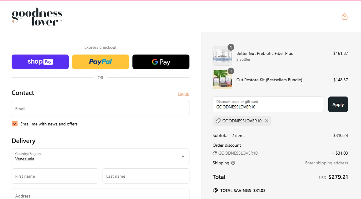 Goodness Lover coupon code screenshot showing code GOODNESSLOVER10 applied at Goodness Lover checkout page. Uploaded by SimplyCodes community member aumentadax10 on Apr 1, 2025