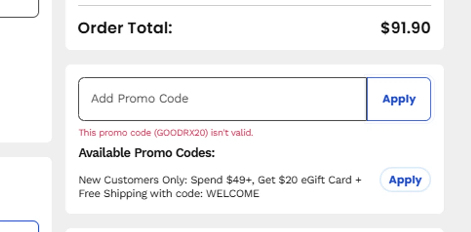 GoodRx promo code screenshot showing code GOODRX20 applied at GoodRx checkout page. Uploaded by SimplyCodes community member NPGF10 on Apr 18, 2025