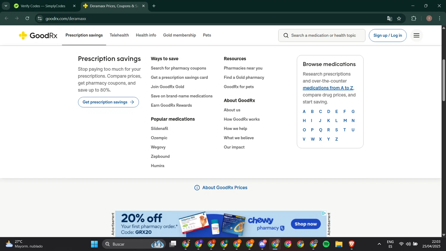 GoodRx promo code screenshot showing code GOODRX20 applied at GoodRx checkout page. Uploaded by SimplyCodes community member RoyalPhoenix2730 on Apr 26, 2025