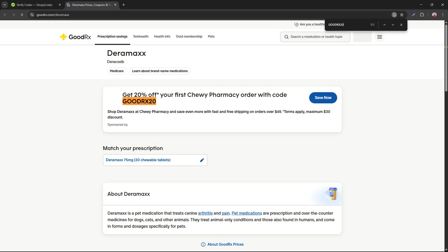 GoodRx promo code screenshot showing code GOODRX20 applied at GoodRx checkout page. Uploaded by SimplyCodes community member necesitoplata on Apr 18, 2025