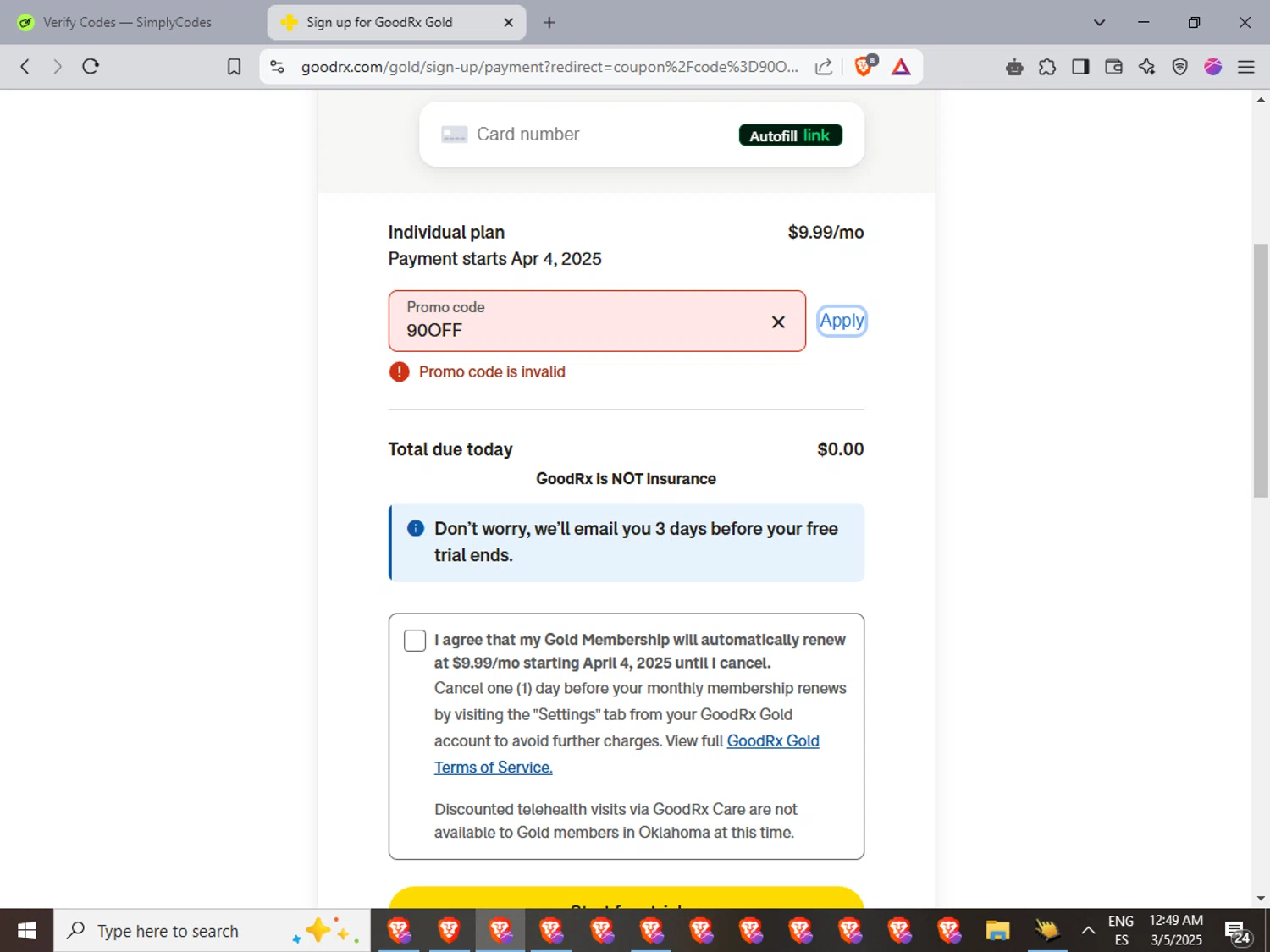 GoodRx promo code screenshot showing code 90OFF applied at GoodRx checkout page. Uploaded by SimplyCodes community member LuckyFinder3550 on Mar 5, 2025