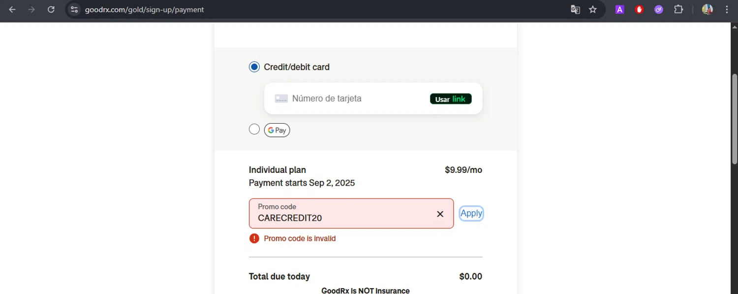 GoodRx promo code screenshot showing code CARECREDIT20 applied at GoodRx checkout page. Uploaded by SimplyCodes community member BrilliantFox7966 on Aug 3, 2025