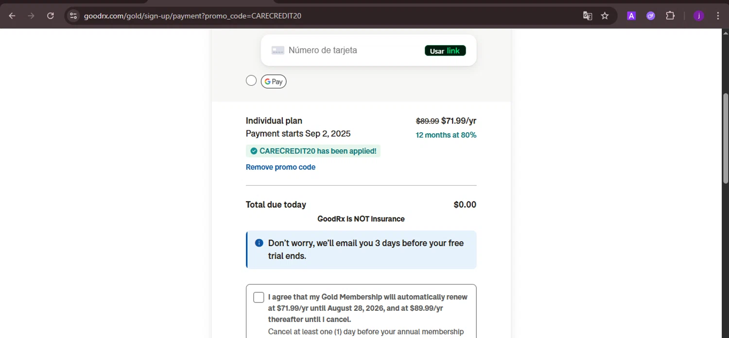 GoodRx promo code screenshot showing code CARECREDIT20 applied at GoodRx checkout page. Uploaded by SimplyCodes community member CoinMaverick1452 on Aug 3, 2025