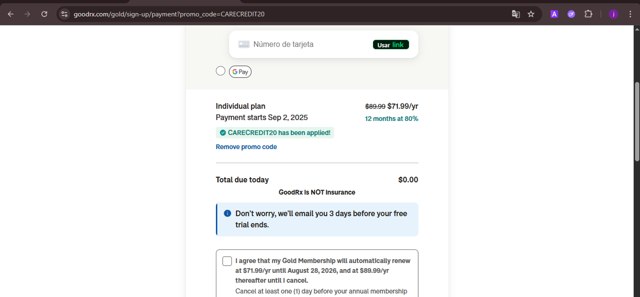 GoodRx checkout page showing GoodRx promo code box | Screenshot taken by SimplyCodes community member on Aug 3, 2025